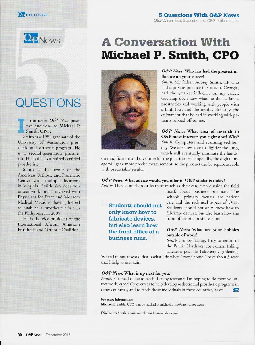 O&P News Magazine Interviews Michael Smith,CPO